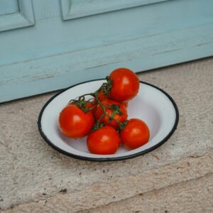 Fresh tomatoes are in a simple white plate.